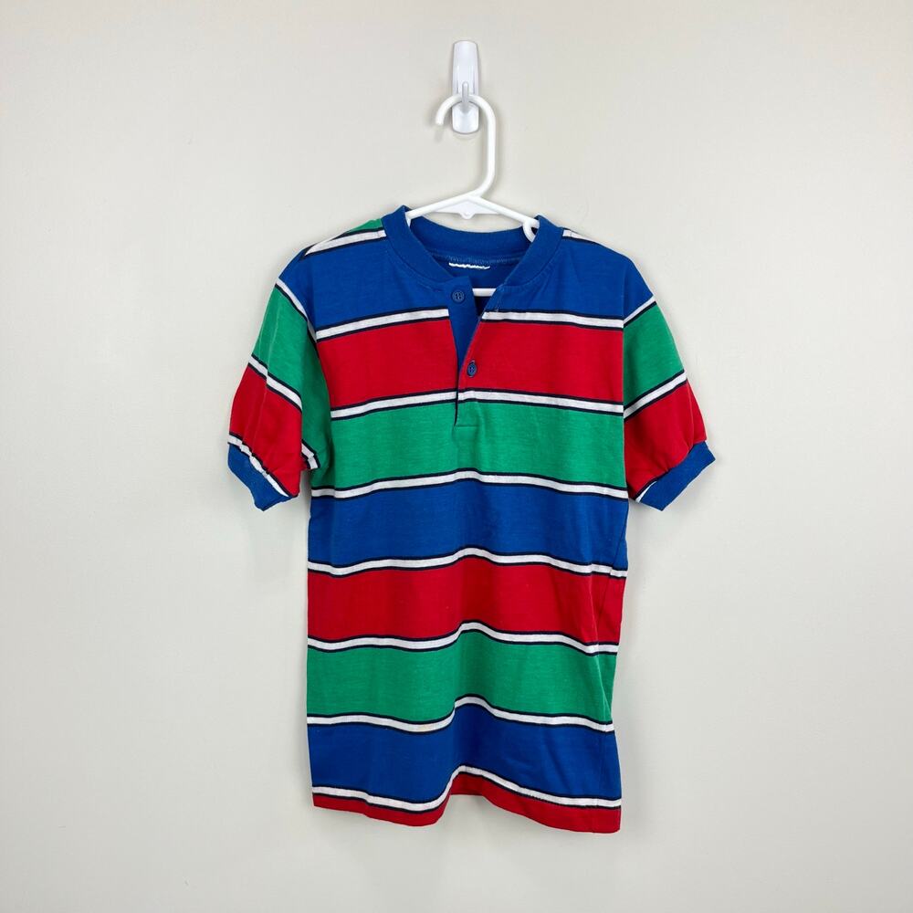 Vintage Blue, Red, Green Striped Short Sleeve Tee Shirt
